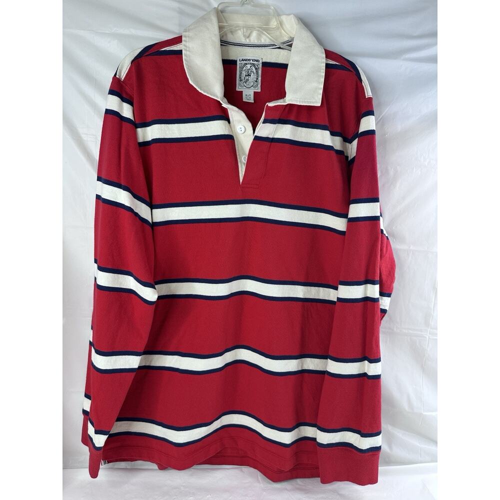 Vintage Lands End Rugby Shirt Mens XL Striped Cotton Long Sleeve Polo 90s Y2K